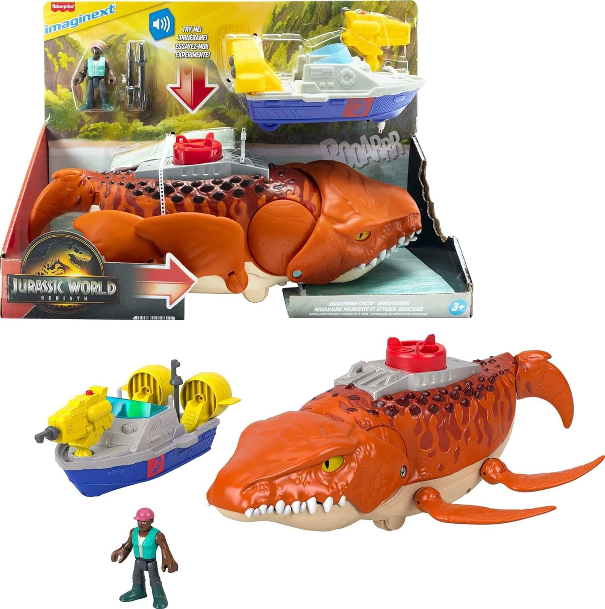 Imaginext Jurassic World Rebirth Aquachomp Mosasaurus juguete con figura y lanzador