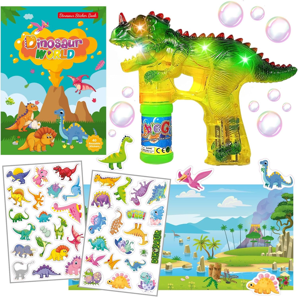 Set de Juguetes de Dinosaurios, Incluye Pistola de Burbujas y Figuras