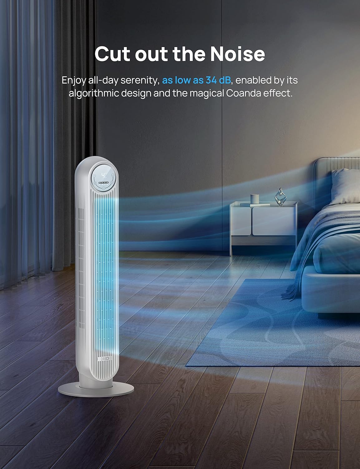 Ventilador Dreo 25ft/s, Oscilante, 4 Modos, Silencioso, Bladeless