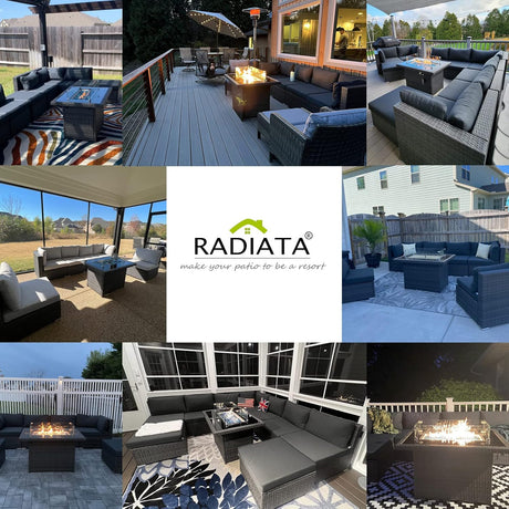 RADIATA Juego de muebles de mimbre de polietileno para patio, sofá seccional de respaldo alto, juegos de sofá de gran tamaño con mesa para fogata de propano, 55000 BTU, juegos de conversación de ratán para exteriores (7 piezas, gris claro)