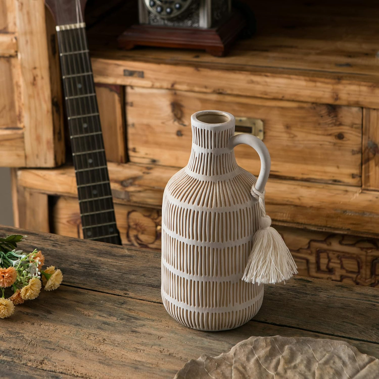 Vaso de Cerámica con Asa y Borlas - Decoración Rústica 10