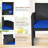 Goplus Juego de muebles de ratán para patio, 4 piezas, sofá y mesa de mimbre para exteriores con cojines suaves y mesa de centro de vidrio templado para balcón, jardín, patio trasero (azul)