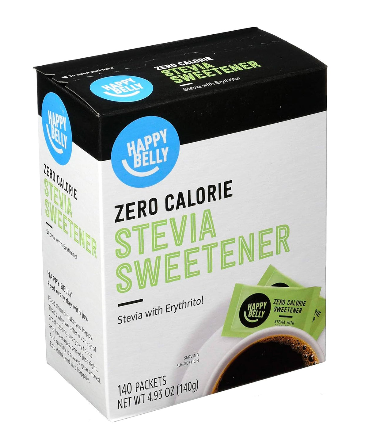 Endulzante Stevia en polvo, Happy Belly, 0 Calorías, 140 Paquetes