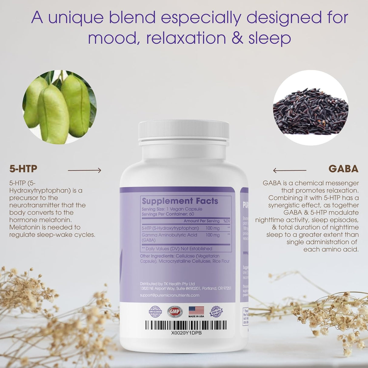 Suplemento Pure 5-HTP (5-hidroxitriptófano) Plus GABA  60un