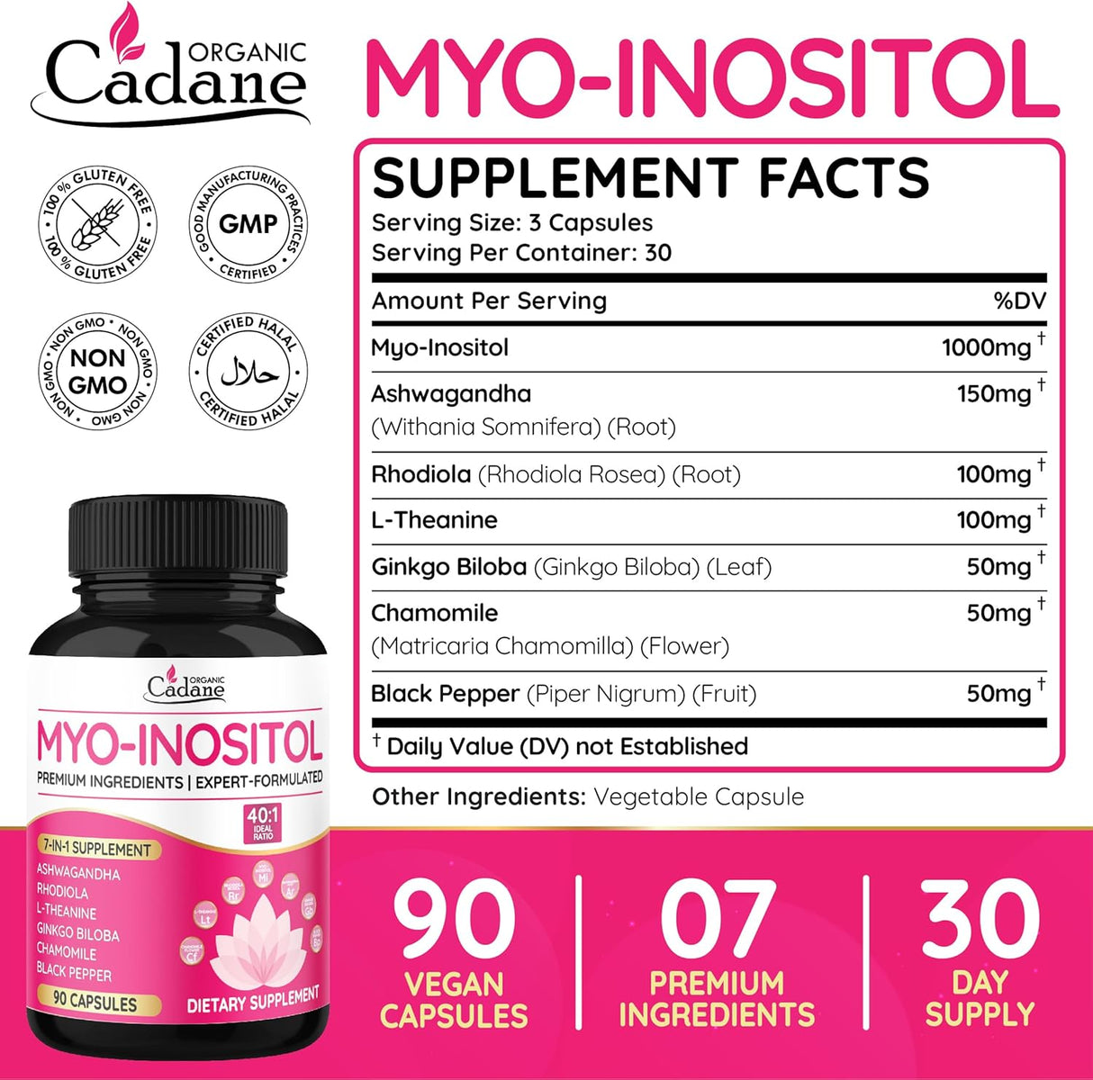 Cápsulas Orgánicas Cadane Myo Inositol & Ashwagandha | Veganas, No GMO, 90 cápsulas