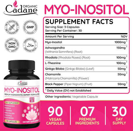 Cápsulas Orgánicas Cadane Myo Inositol & Ashwagandha | Veganas, No GMO, 90 cápsulas