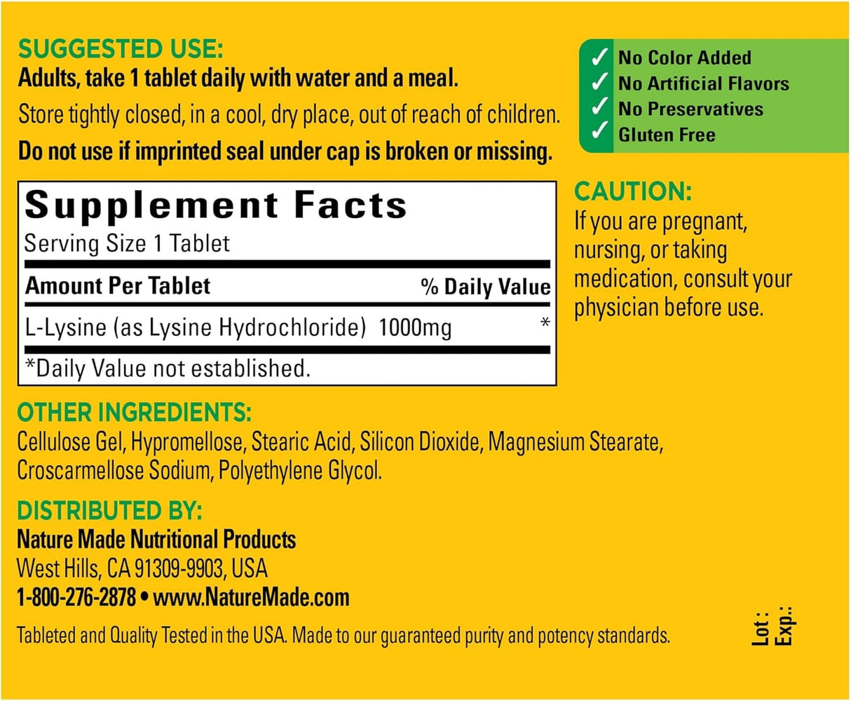 L-Lisina 1000 mg, Suplemento Dietético, Nature Made, 60 Tablas