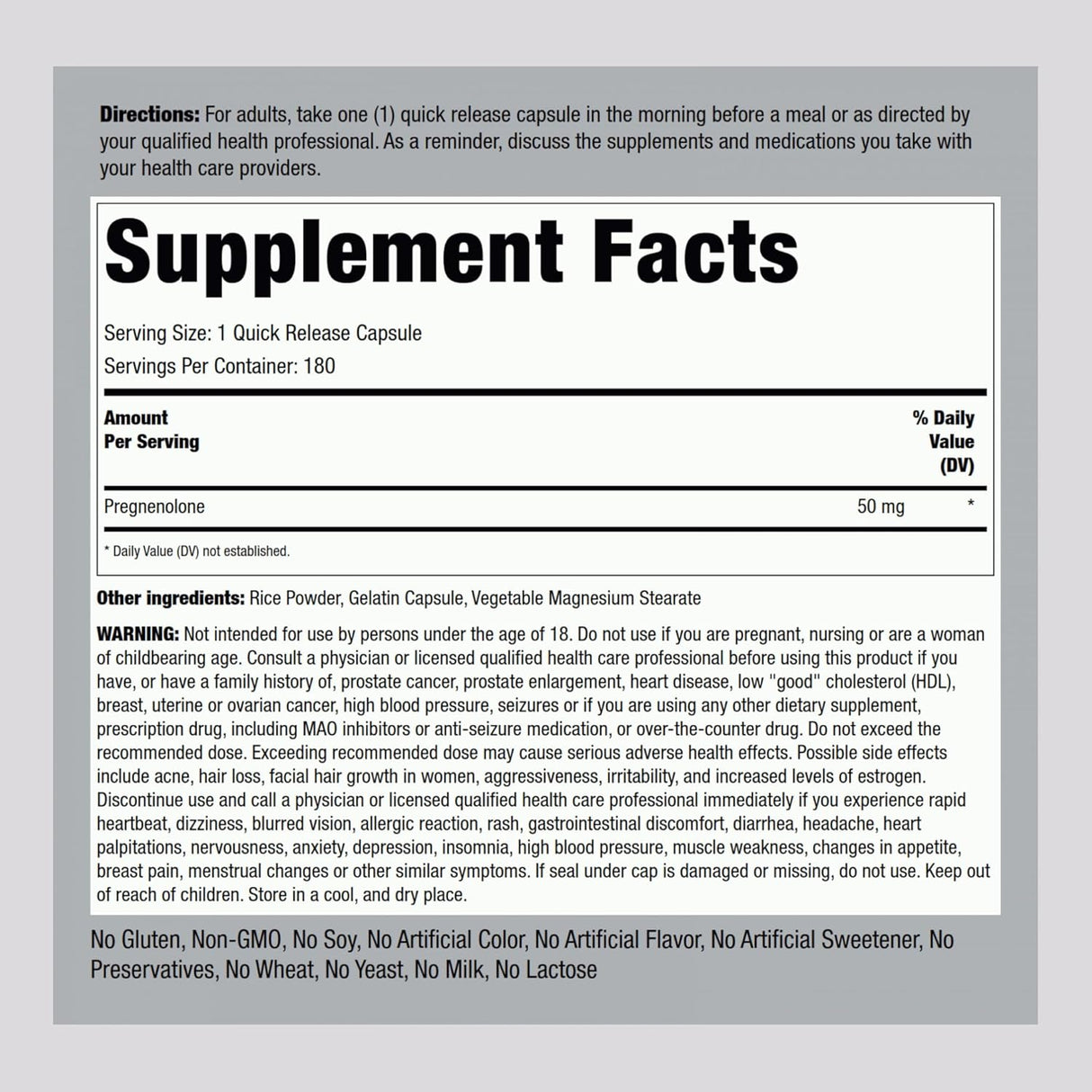 Suplemento de Pregnenolona 50 mg Piping Rock 180 Cápsulas