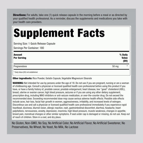 Suplemento de Pregnenolona 50 mg Piping Rock 180 Cápsulas