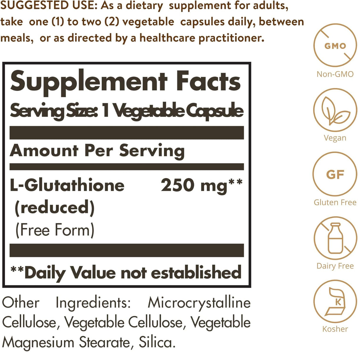 Suplemento Solgar L-glutatión reducido de 250 mg  60 cápsula