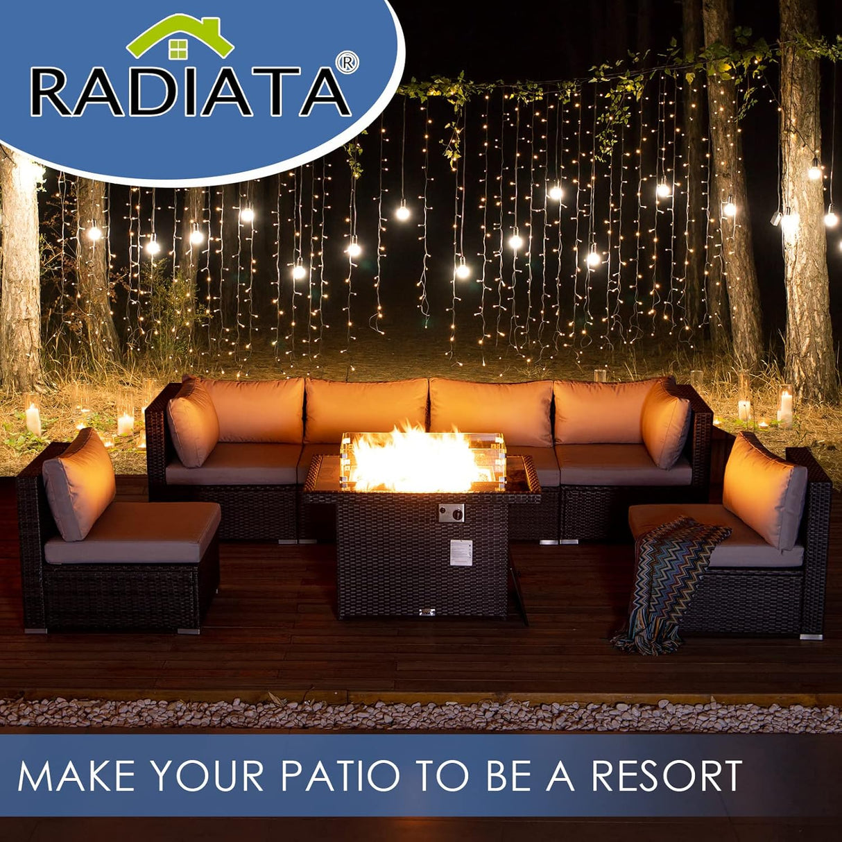 RADIATA Juego de muebles de mimbre de polietileno para patio, sofá seccional de respaldo alto, juegos de sofá de gran tamaño con mesa para fogata de propano, 55000 BTU, juegos de conversación de ratán para exteriores (7 piezas, gris claro)