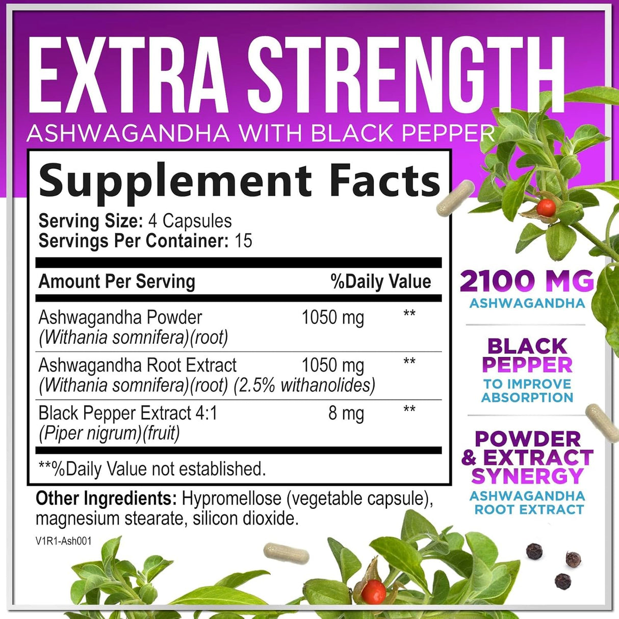 Suplementos de Ashwagandha - 2100 mg, Antioxidante, 60 cápsulas