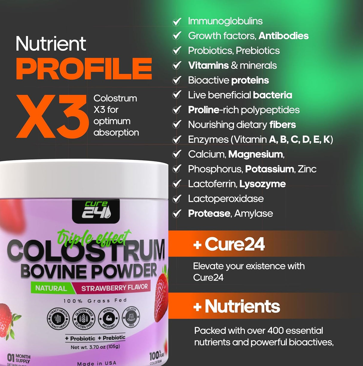 Suplemento de Colostro Bovina X3, 100% Natural, Alta IgG