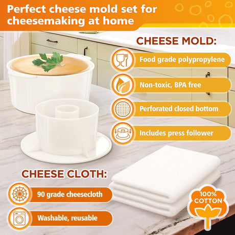 Moldes de queso con seguidor y estopilla con prensa