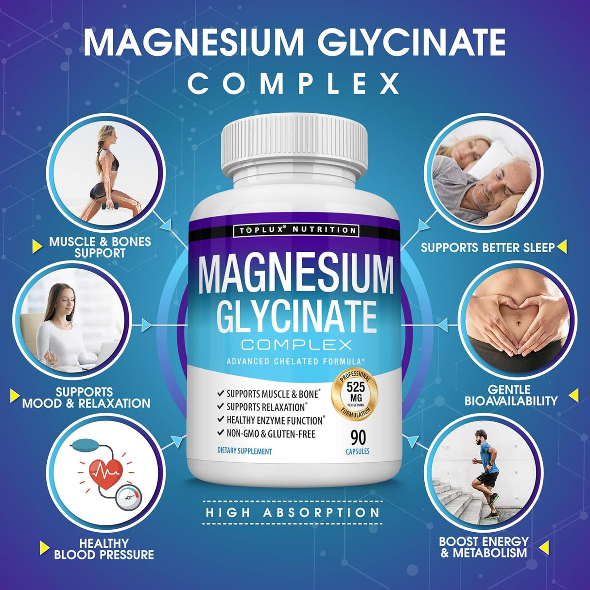 Magnesio Glicinato 525mg - Suplemento de Alta Absorción Vegan