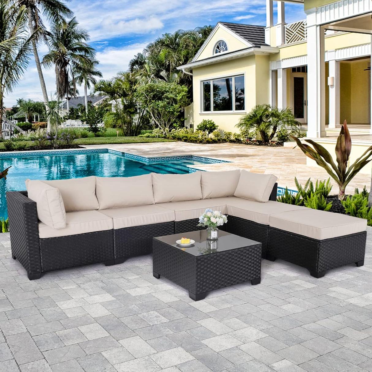 Lviden Juego de muebles de mimbre PE para exteriores, 7 piezas, juego de sofá de conversación seccional de ratán para patio, con cojines caqui y mesa superior de vidrio