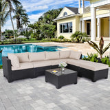 Lviden Juego de muebles de mimbre PE para exteriores, 7 piezas, juego de sofá de conversación seccional de ratán para patio, con cojines caqui y mesa superior de vidrio