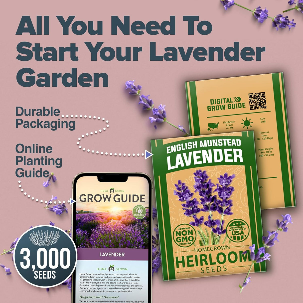 Semillas de Lavanda Premium HOME GROWN, 3000 No GMO, USA