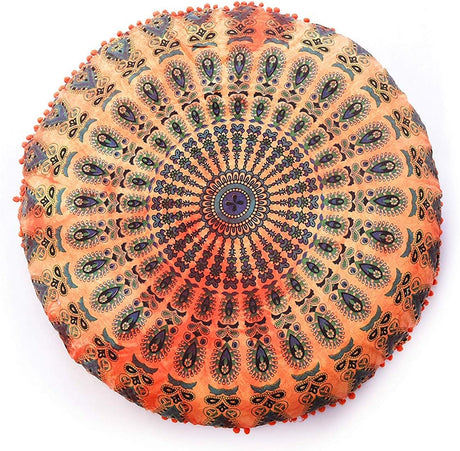 Funda bohemia para cojín, de 32 pulgadas, con diseño de mandala, para meditación, decorativa, otomana, grande, para exteriores, decoración del hogar, decoración de arte en el hogar, redonda, con pompones de algodón, cómoda