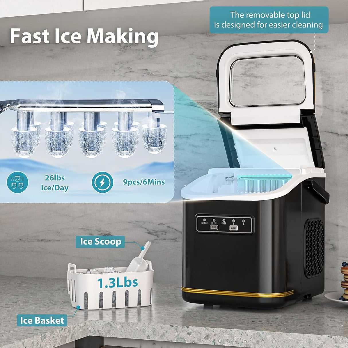 Máquina de Hielo Portátil Compacta, Auto Limpieza, 26lbs/24hrs