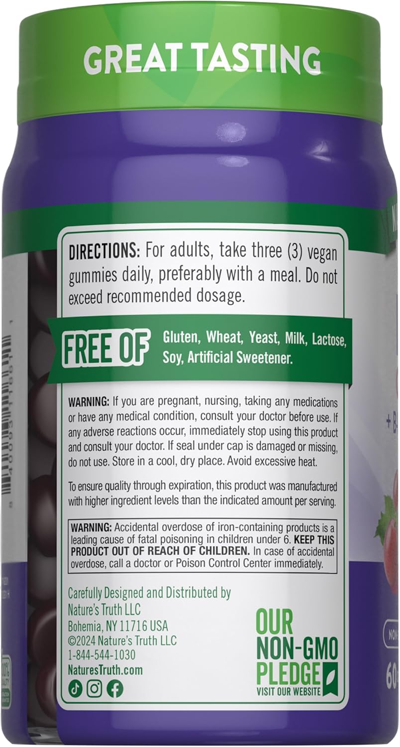 Gummies de Hierro Nature's Truth, Veganos, Sin GMO, 60u