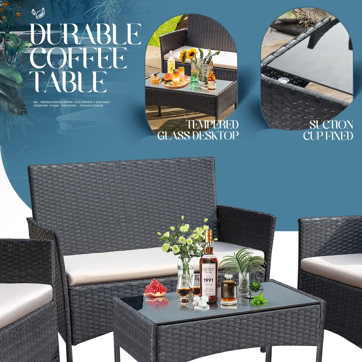 Greesum Muebles de patio de 4 piezas para conversación al aire libre, sillas de mimbre para jardín, balcón, porche, sofá biplaza junto a la piscina con cojín y mesa de cristal, negro y beige