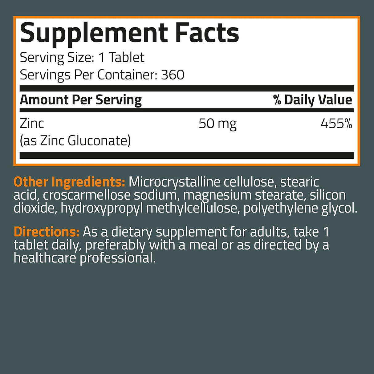 Suplemento Zinc 50 mg de alta potencia apoya la salud inmune