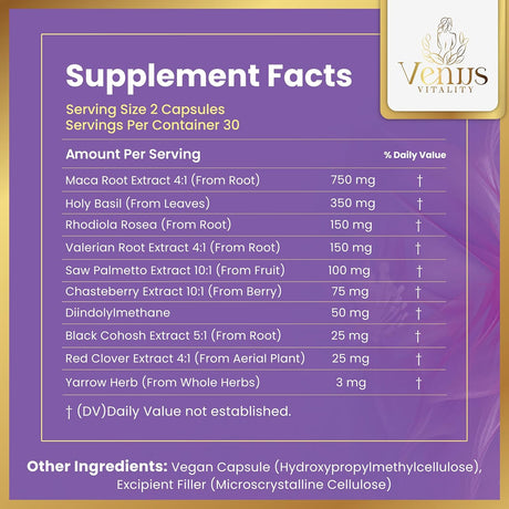 Suplemento de equilibrio hormonal con Black Cohosh, Maca y Basil para menopausia
