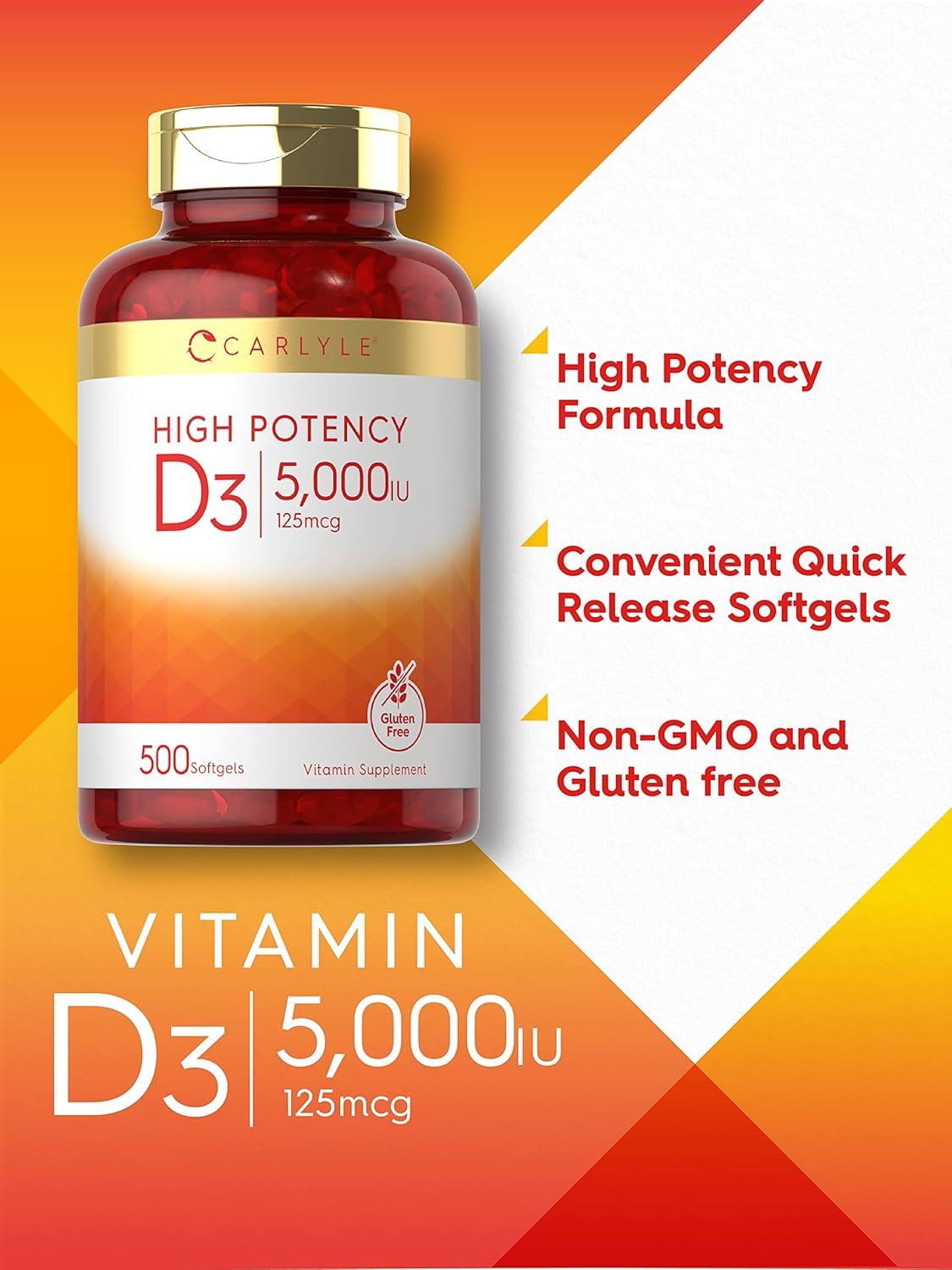 Suplemento de Vitamina D3 5000 IU Carlyle | 500 Softgels