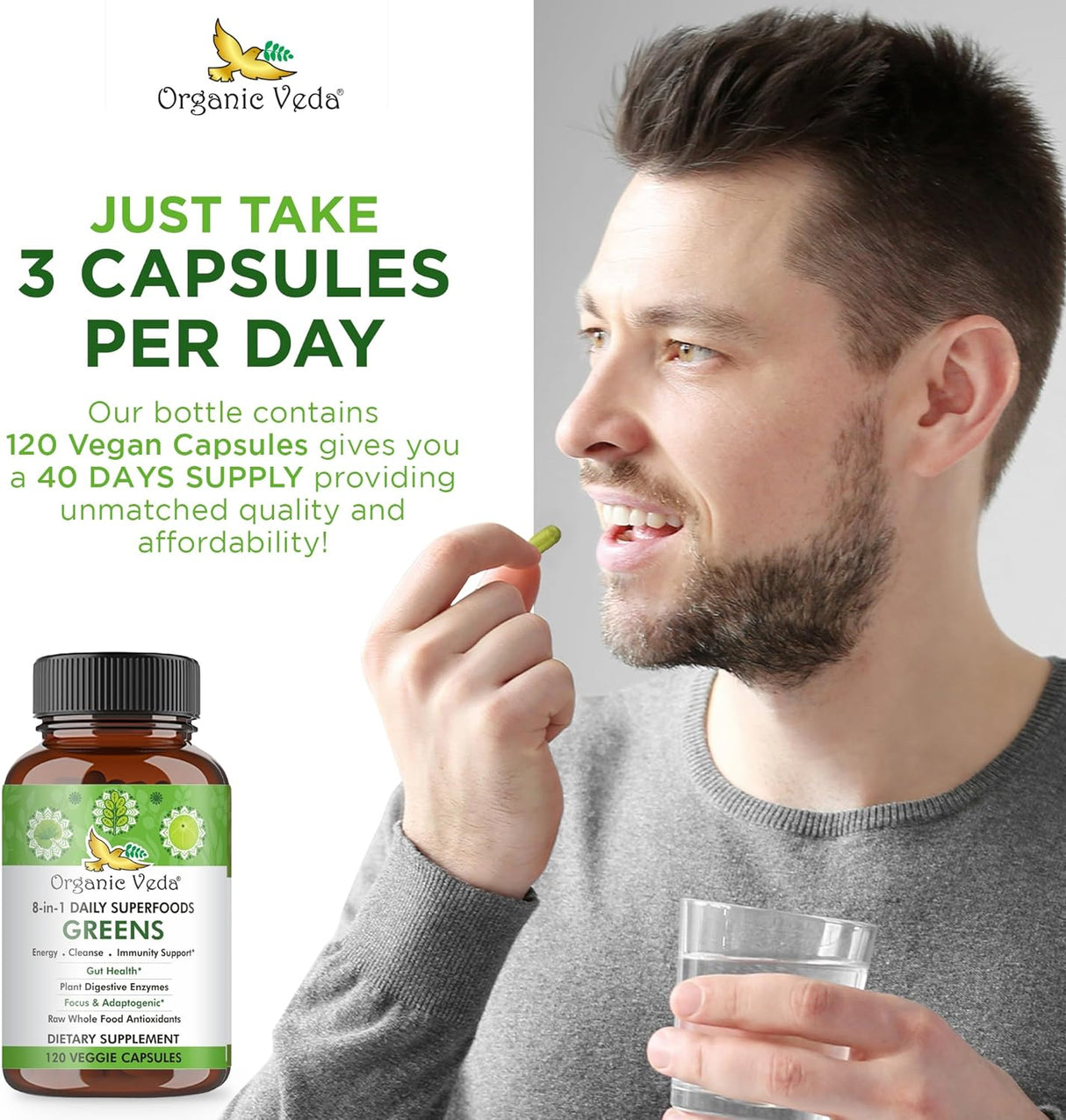 Cápsulas de Supergreens con 8 Verduras y Enzimas Digestivas