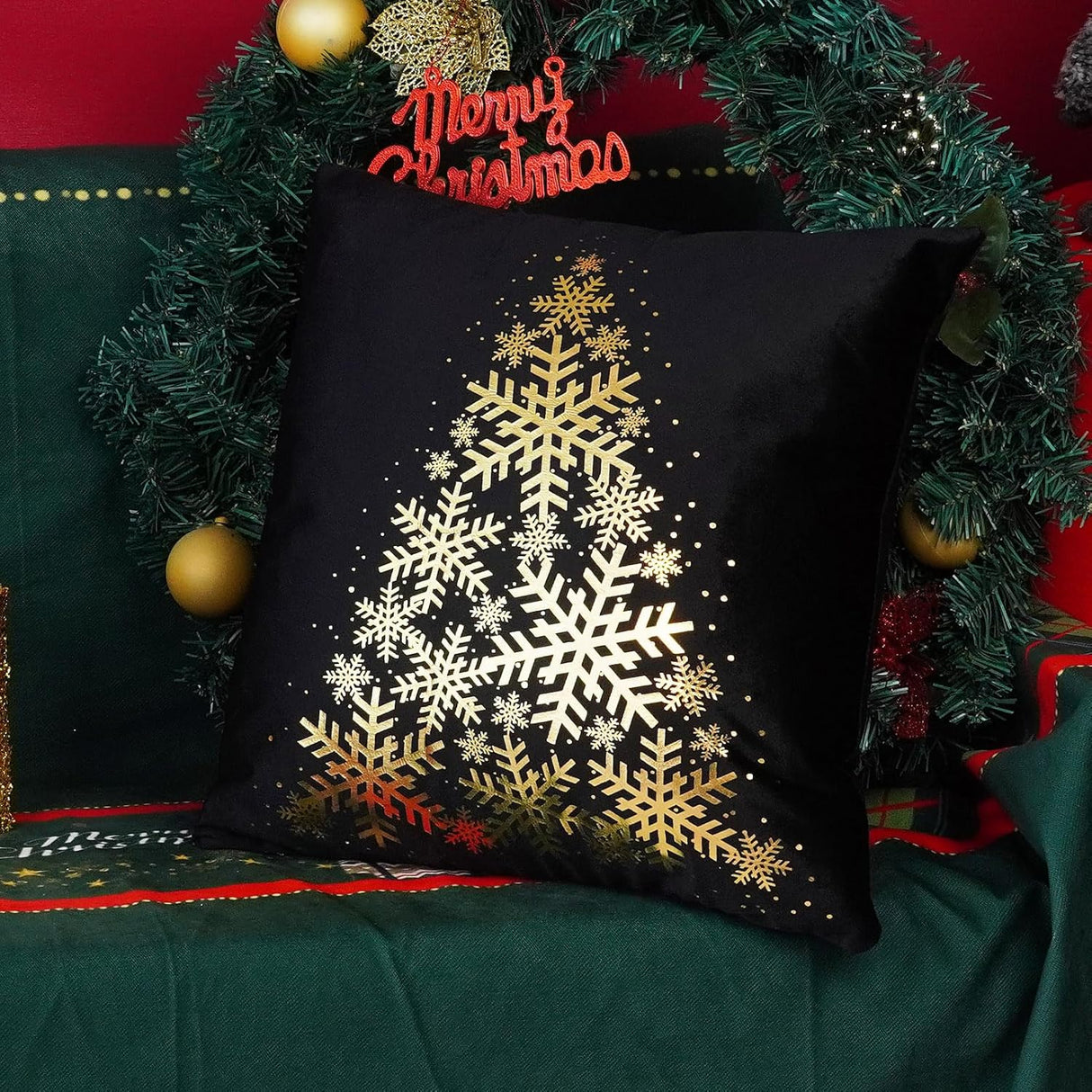 Funda de Cojín ONWAY 18x18 Set de 4 Copos de Nieve y Renos