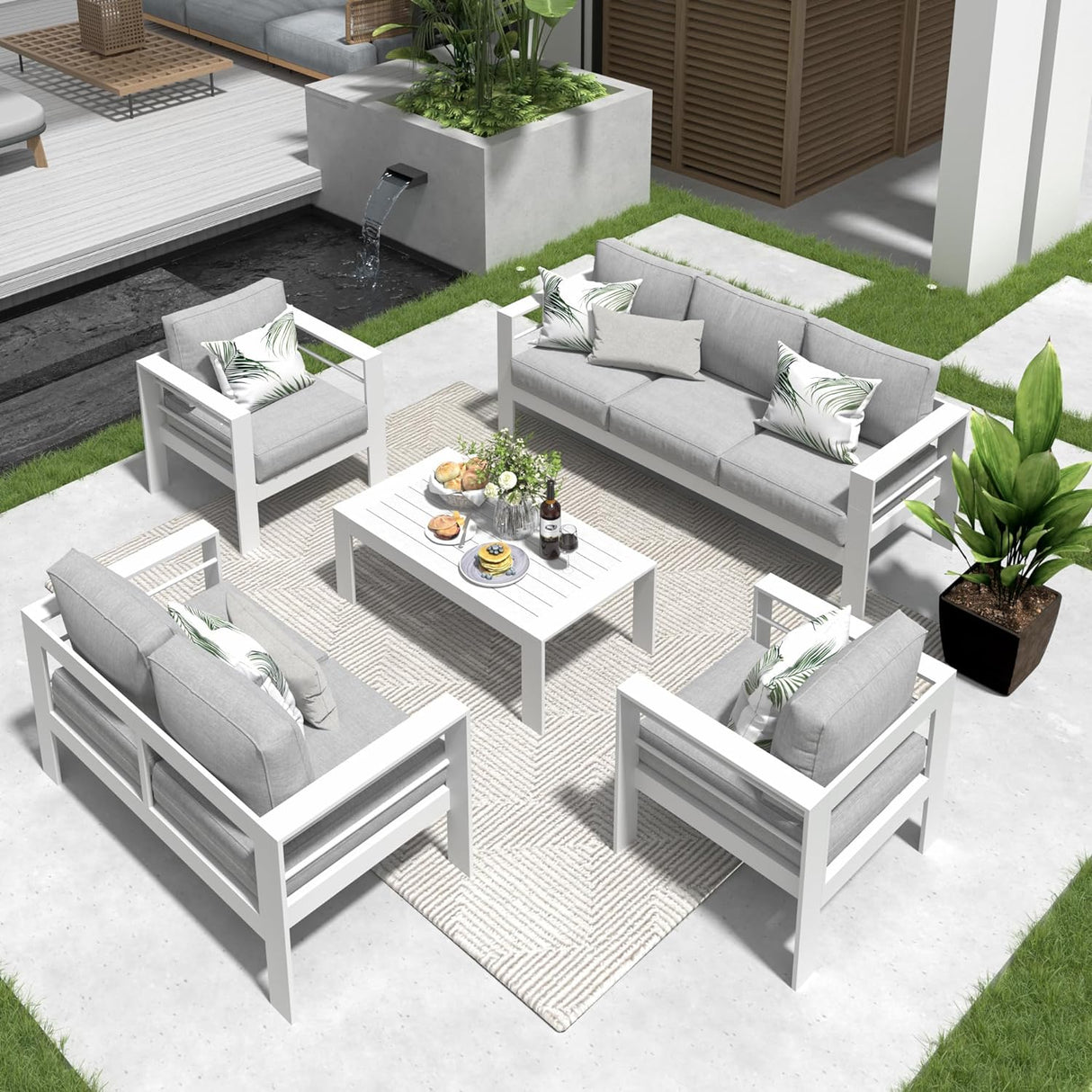 Solaste Juego de muebles de aluminio para patio, 5 piezas, moderno juego de conversación al aire libre, sofá seccional con cojín mejorado y mesa auxiliar, color blanco