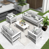 Solaste Juego de muebles de aluminio para patio, 5 piezas, moderno juego de conversación al aire libre, sofá seccional con cojín mejorado y mesa auxiliar, color blanco