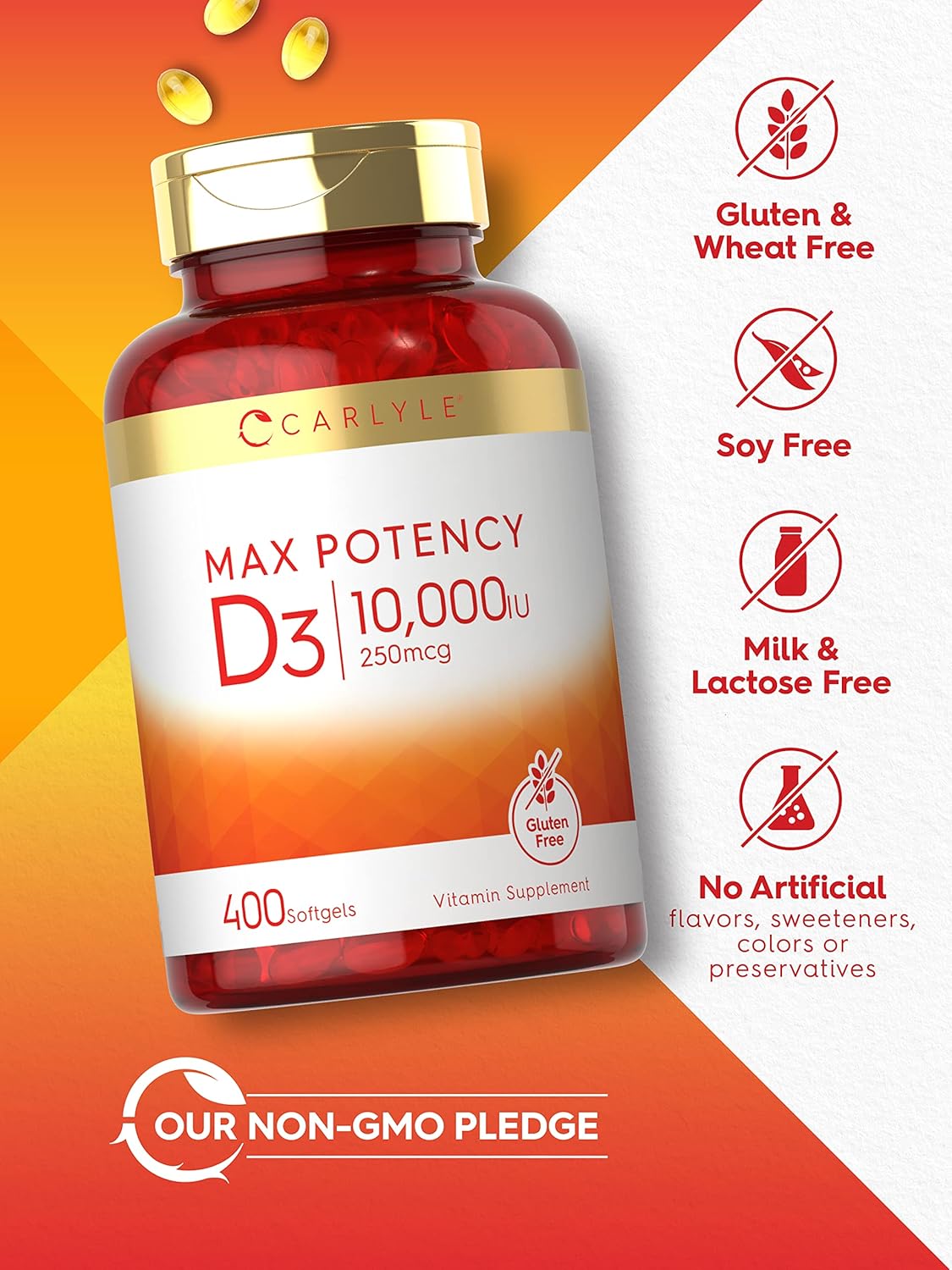 Suplemento de Vitamina D 10000 IU Carlyle, 400 Gelatinas