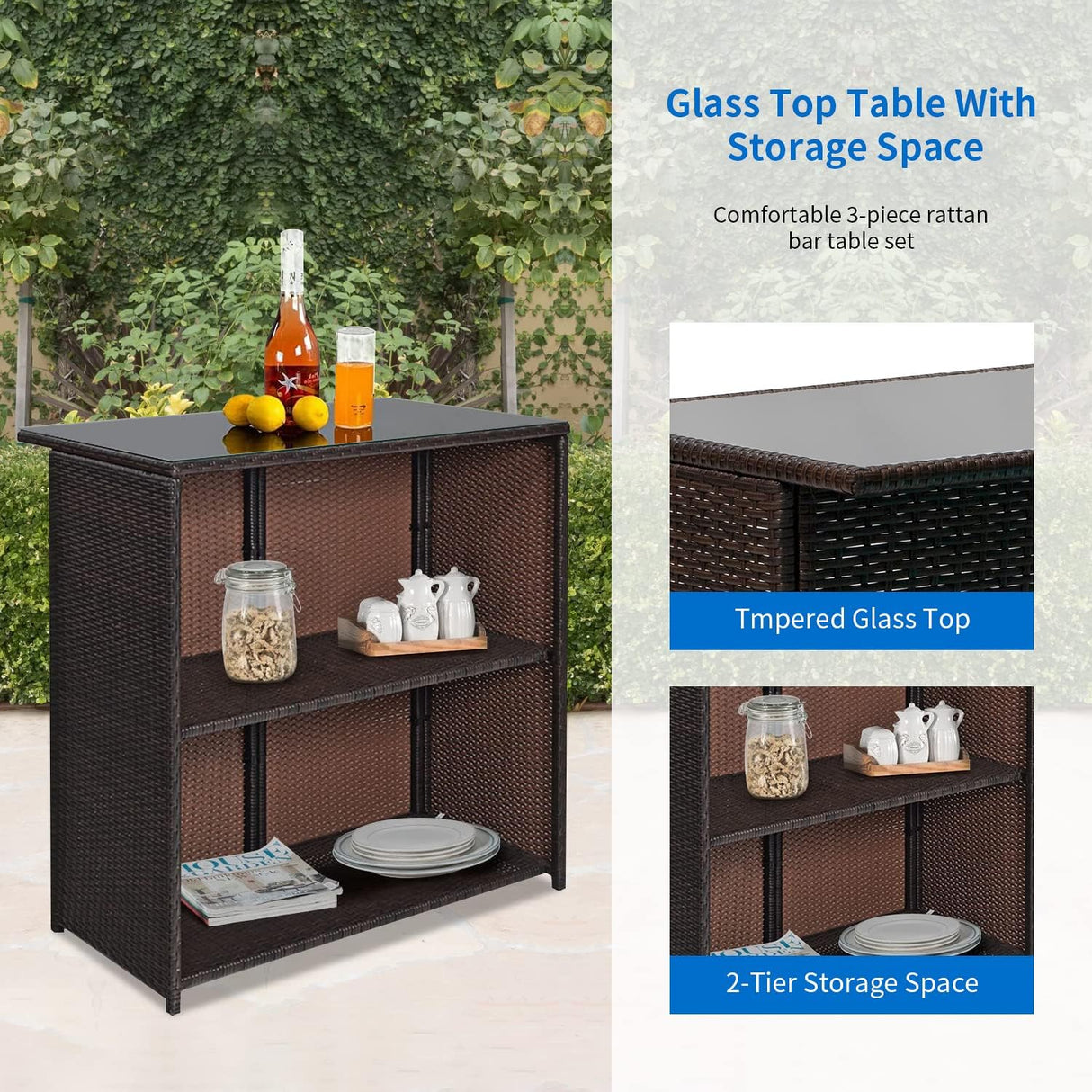 FDW Juego de 3 piezas de muebles de patio y bar, juego de muebles de mimbre con dos taburetes para patio, balcón, cojín azul