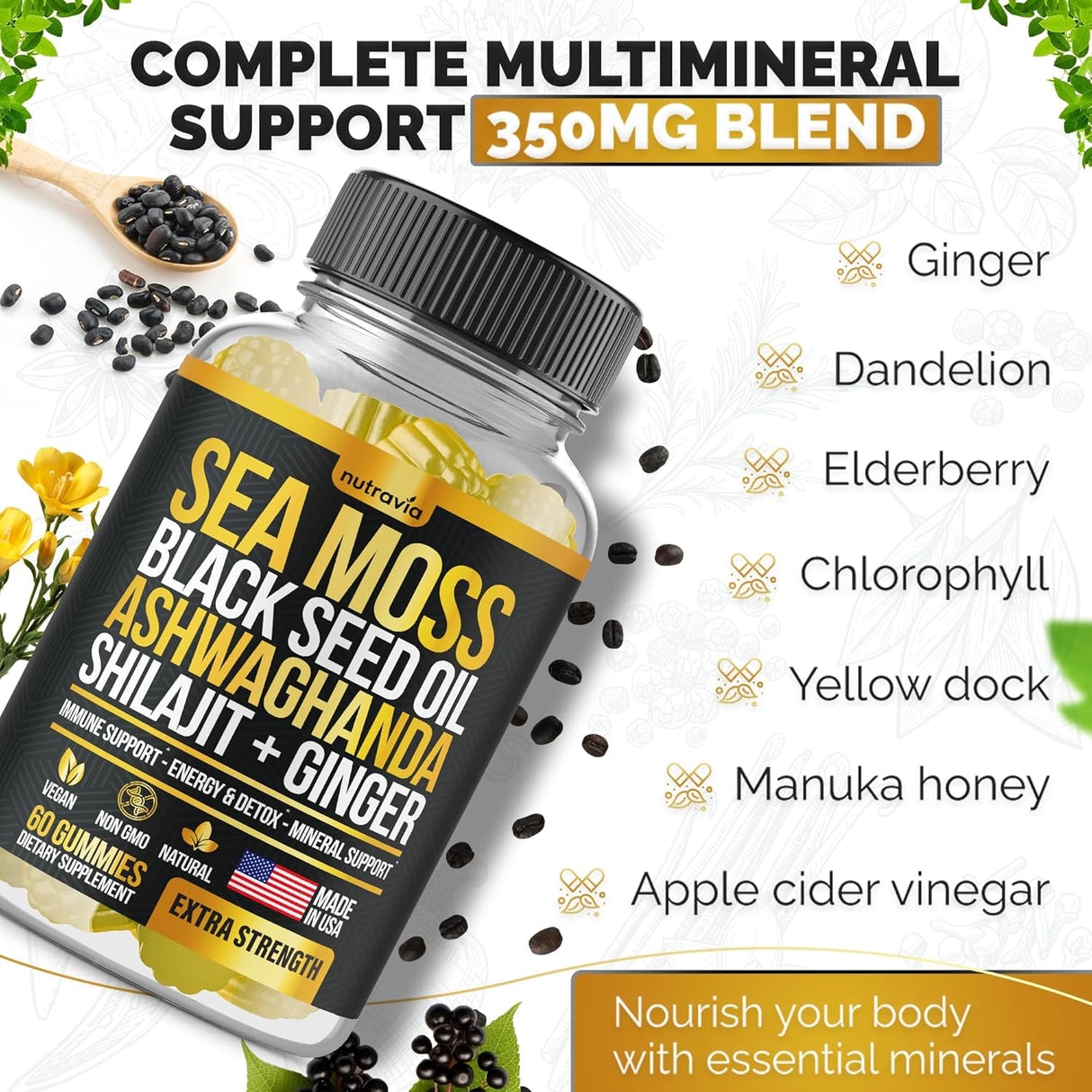 Gomitas de Sea Moss, Black Seed, Ashwagandha, Elderberry, 60