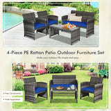 Goplus Juego de muebles de ratán de 4 piezas, sofá de conversación de mimbre para exteriores con cojines resistentes a la intemperie y mesa de vidrio templado para césped, patio, piscina, jardín (azul)
