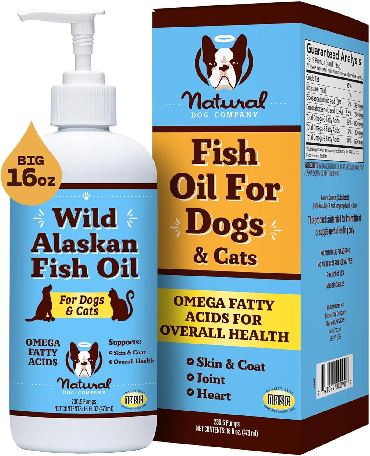Natural Dog Company Aceite de pescado salvaje de Alaska para perros y gatos (16 onzas), mezcla de salmón salvaje y aceite de abadejo, Omega 3 EPA y DHA, reduce el desprendimiento, nutre la piel, el