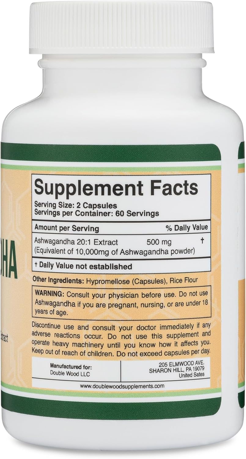 Cápsulas de Ashwagandha 500mg, Double Wood, 120 Controles
