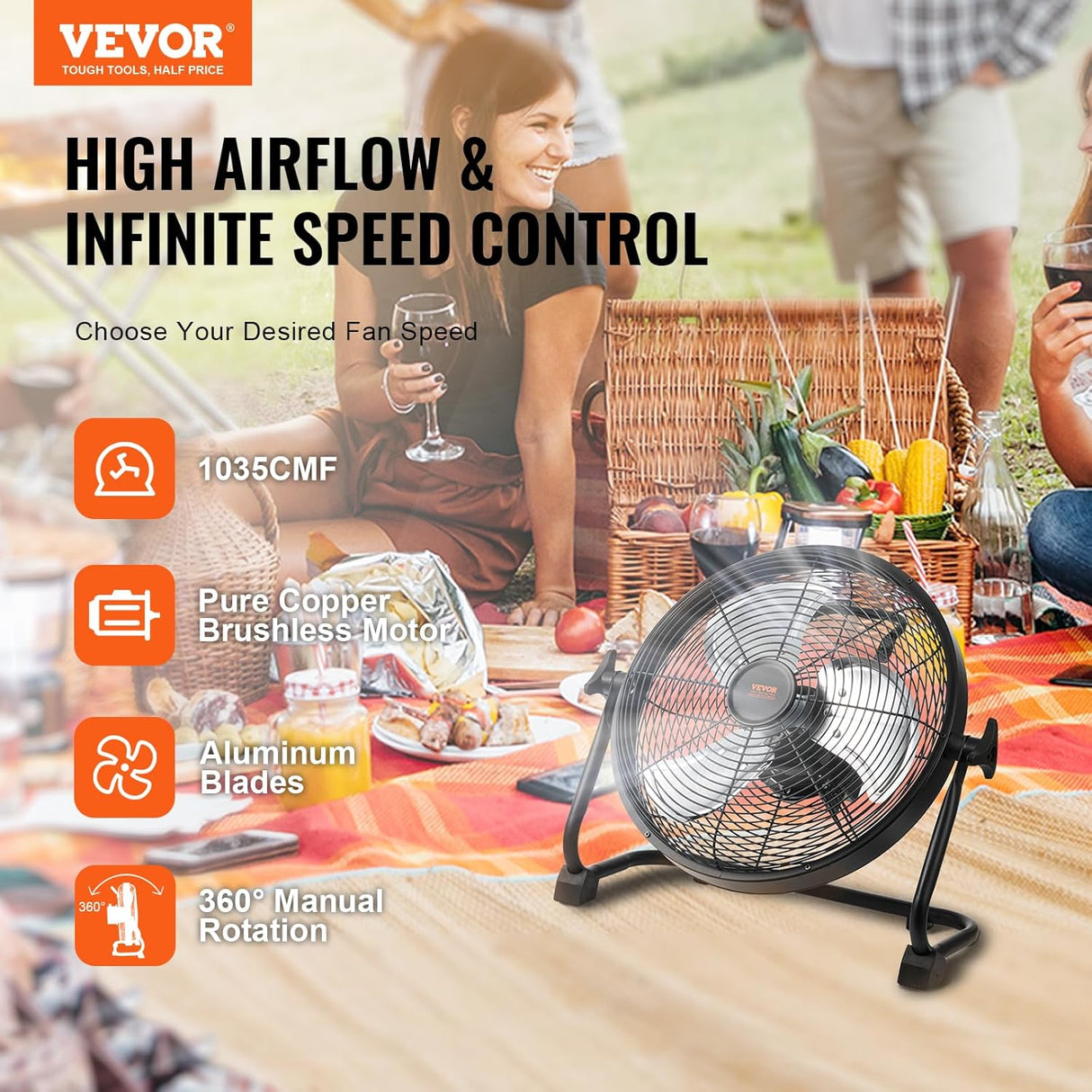 VEVOR Ventilador de Piso Recargable 12'', Alta Velocidad, Modelo Industrial