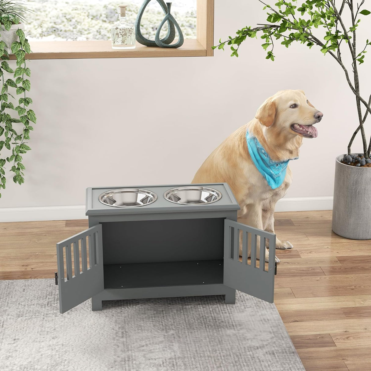Cuencos elevados grandes para perros con armario PawHut