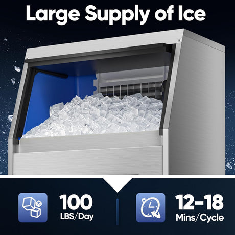 Máquina de Hielo Comercial, Acero Inoxidable, 100LBS/24H