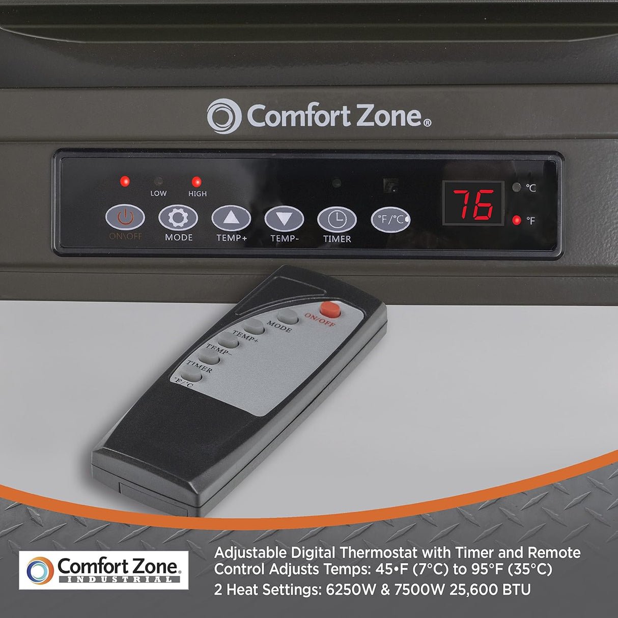 Calefactor de 7,500 vatios y 240 V con control remoto, Gris
