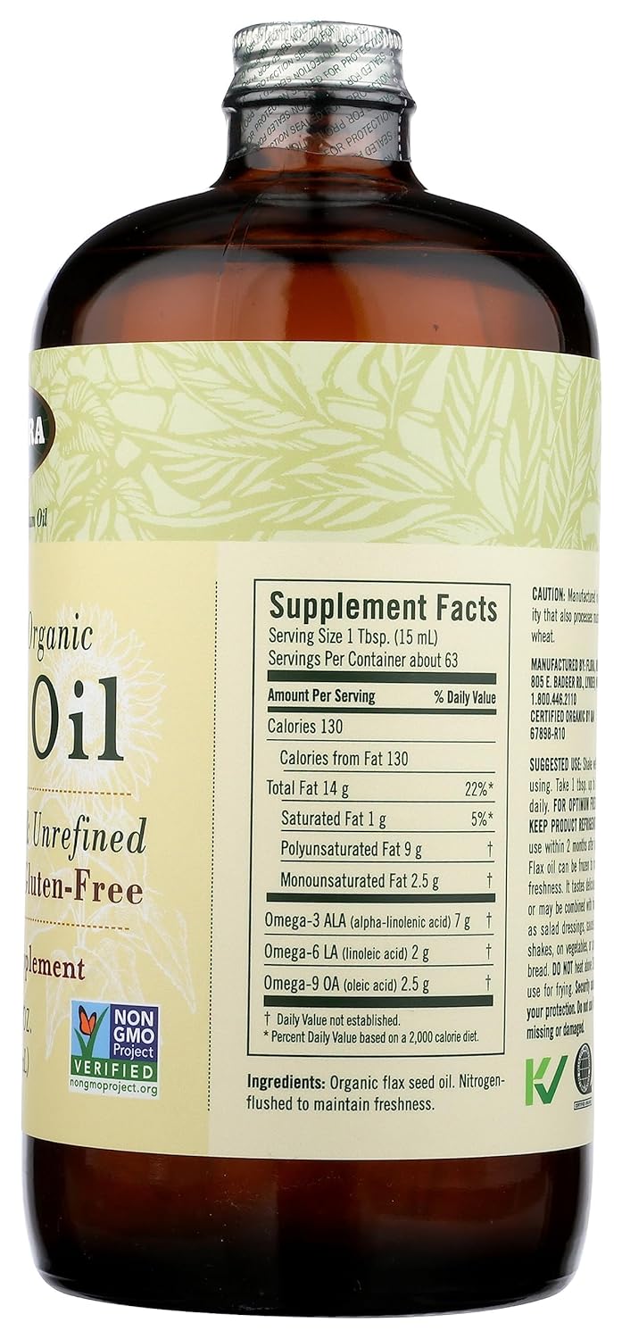 Aceite de Linaza Orgánico Flora - Prensado en Frío - 32 oz