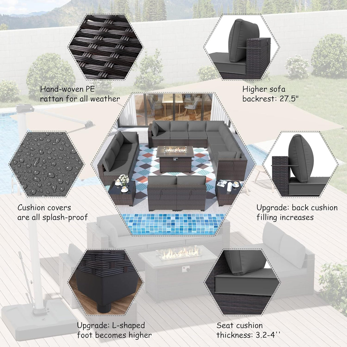 ALAULM Juego de 15 muebles de patio para exteriores con mesa para fogata de propano, juegos de sofás seccionales para exteriores, muebles de patio, fogata de gas de 43 pulgadas, juego de conversación de ratán de polietileno marrón con 12 cojines (gris)