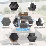 ALAULM Juego de 15 muebles de patio para exteriores con mesa para fogata de propano, juegos de sofás seccionales para exteriores, muebles de patio, fogata de gas de 43 pulgadas, juego de conversación de ratán de polietileno marrón con 12 cojines (gris)