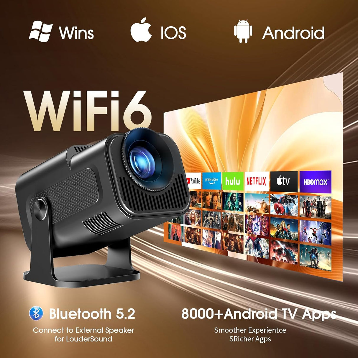 Proyector Mini 1920x1080P, WiFi, Bluetooth, Auto Keystone, 4K
