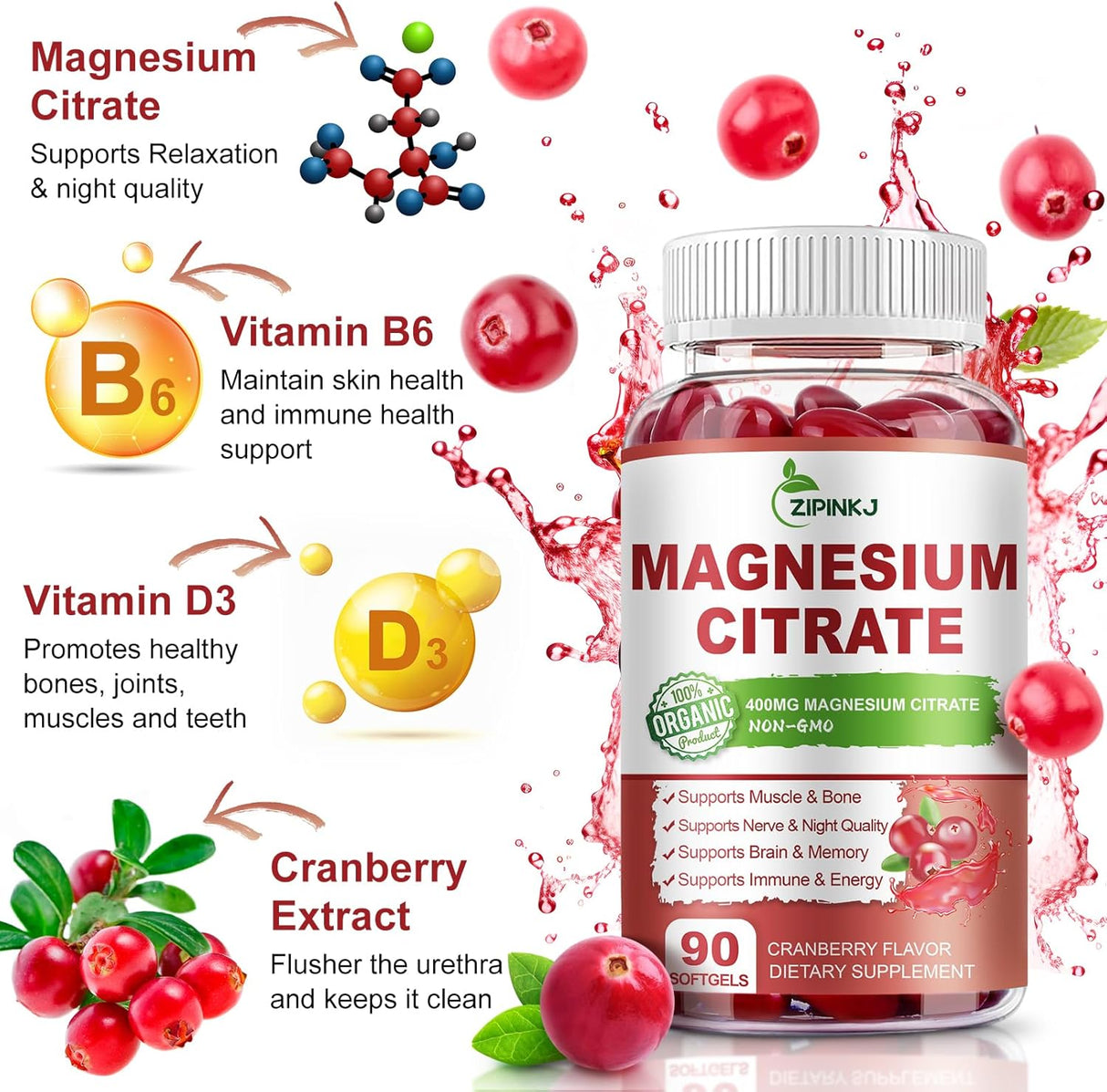 Citrato de Magnesio con Vitamina D3, B6 y Arándano, 180 cápsulas