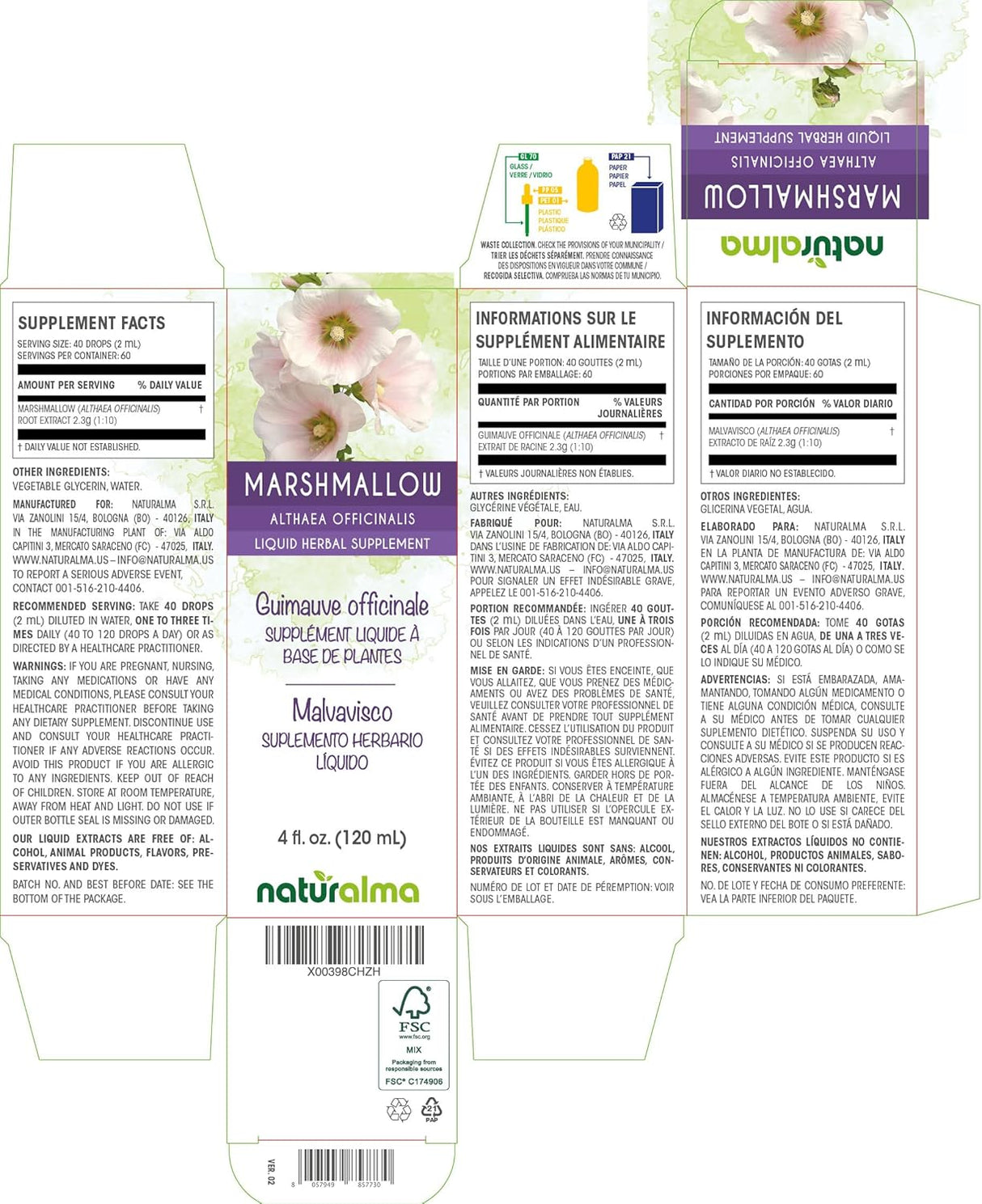 Suplementos Naturalma Malvavisco  Tintura sin alcohol 4  oz