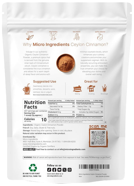Canela Ceylon Orgánica 1lb | Sin Aditivos, No GMO, Sri Lanka